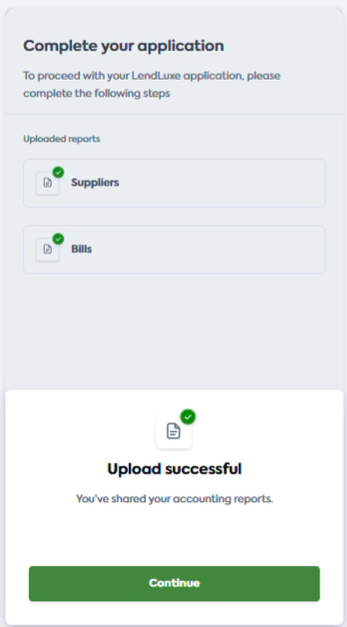 User interface of Codat's Link flow with the file upload process completion displayed.